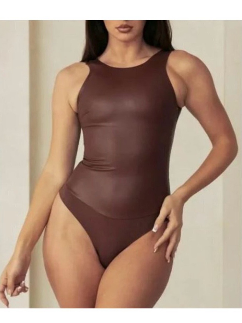 Pinsy Faux Leather high scoop shapesuit Brown Sleeveless Shapewear Bodysuit XL